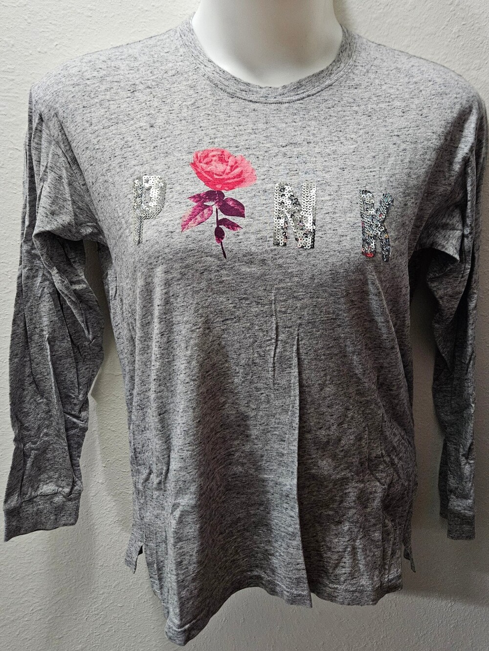 PINK Victoria's Secret Bling Rose Sequin Oversized Long Sleeved Tee